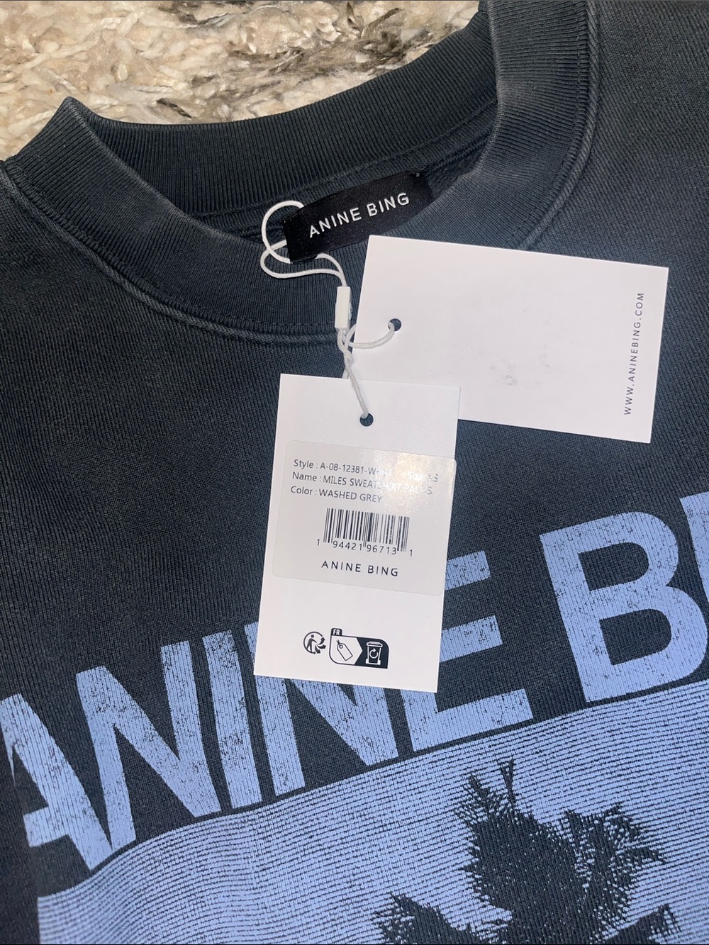 Anine Bing Miles sweatshirt. Palms. Washed grey. Size xs. New with tags. - Picture 3 of 6